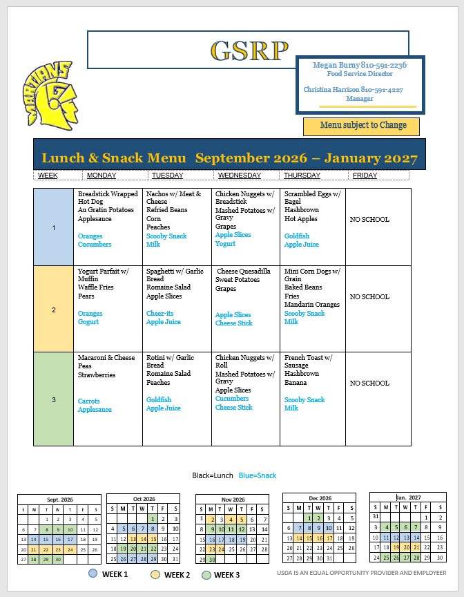 GSRP lunch menu
